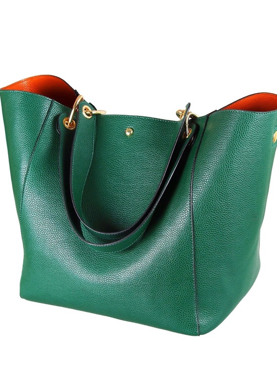 Handbags - Green Vegan Leather Tote Handbag with Red Interior